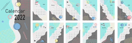 A4 calendar or planner 2022 trendy memphis style. Cover and 12 monthly pages. Week starts on Sunday vector illustration A3, A2, A6.のイラスト素材