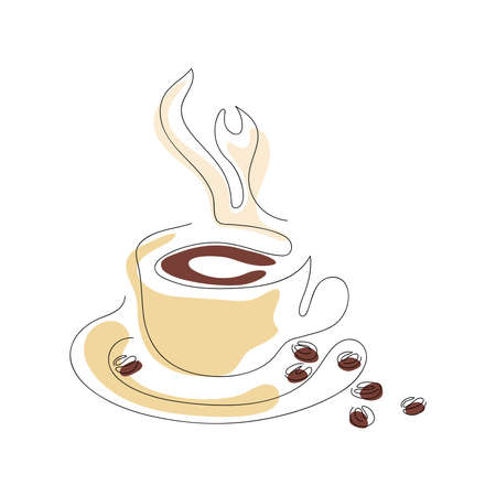 Continuous single line cup of hot coffee with steam, on a white background. International Coffee Day. Vector hand drawing for logo, icon, poster, greeting card.のイラスト素材