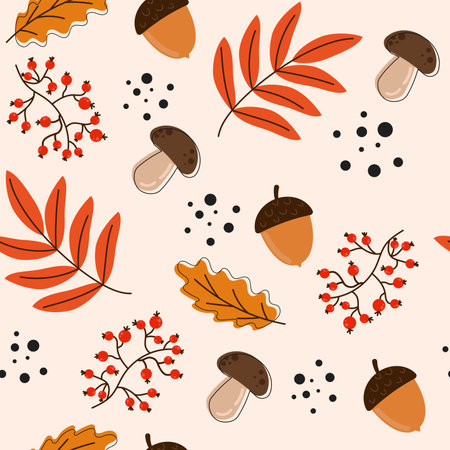Autumn seamless pattern with red and yellow leaves, acorn, rowan, mushrooms and decorative elements. Designed for use in textiles, paper, wallpaper. Vector illustration in flat styleのイラスト素材