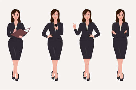 Business woman cartoon character in suit in various poses. Vector illustrationのイラスト素材