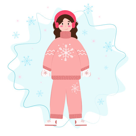 Cute girl in pink winter clothes. Vector illustration in flat styleのイラスト素材