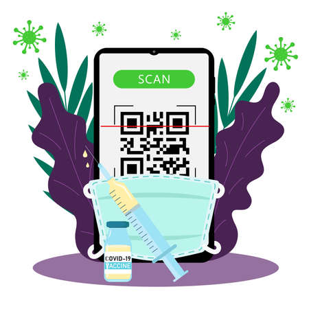 Covid Vaccine Passport. Concept of Coronavirus Online Certificate on mobile phone app with qr code. Vector illustration. Flat style.のイラスト素材