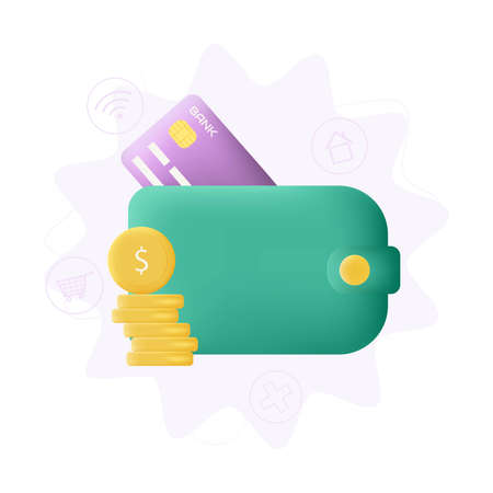 Wallet, bank card and coins concept. Can be use for landing page, , web, poster, banner, flyer, wallpaper, template.のイラスト素材