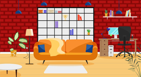 The interior of the living room combined with a workplace. Interior in a flat style. Vector illustration.のイラスト素材