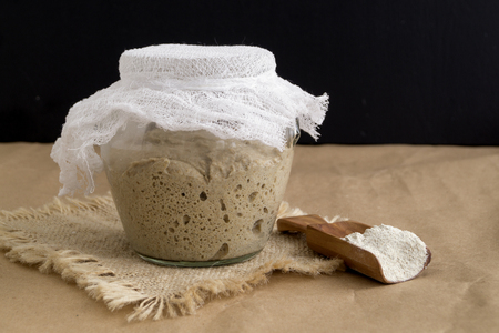 Active rye sourdough in a glass jar for homemade bread.
の写真素材