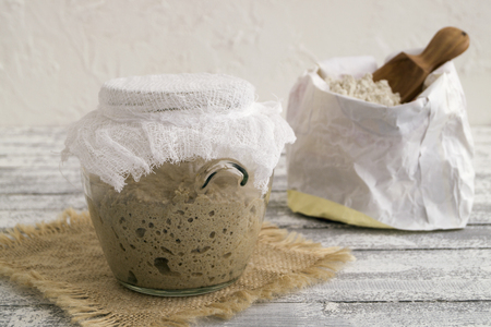 Active rye sourdough in a glass jar for homemade bread.
の写真素材