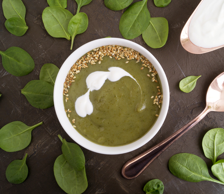 Vegetarian spinach soup in a white plate.の写真素材