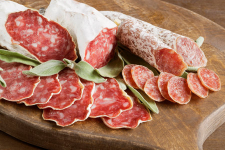 slices of French cheese-dried salami with spices on wooden backgroundの写真素材