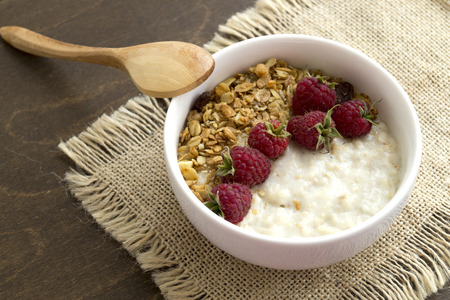 Healthy Breakfast. Oatmeal in a white bowlの写真素材