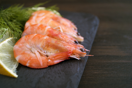 Fresh shrimp blackboard with lemon and dill.の写真素材