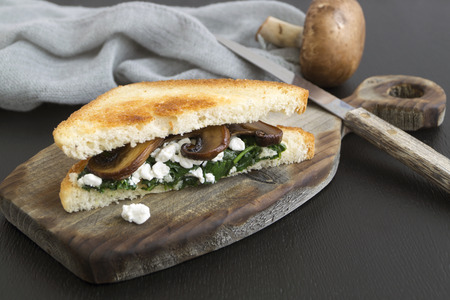 sandwich with spinach, cottage cheese and mushrooms.の写真素材