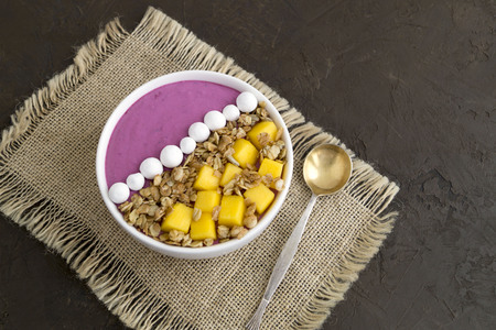 Homemade healthy berry yogurt. on dark background.の写真素材