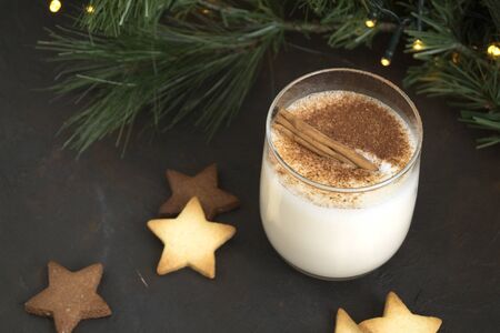 Cocktail eggnog and cookies are the stars on the background lights.の写真素材