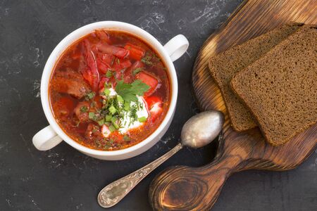 traditional Ukrainian Russian soup (borscht) from beet with greens and sour cream.の写真素材