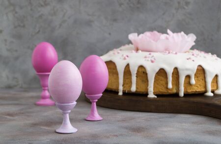 painted Easter egg on a gray background.の写真素材