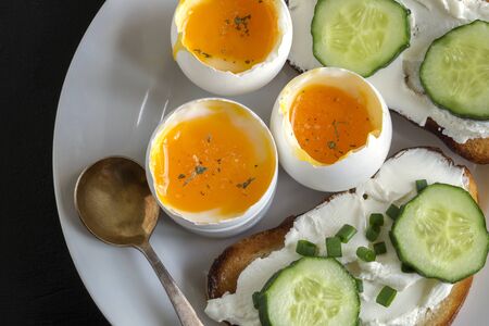 soft-boiled egg. delicious healthy Breakfast. in the egg rackの写真素材