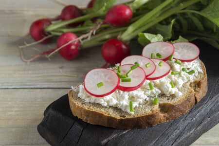 Rye bread with butter and radish. Healthy food.
の写真素材