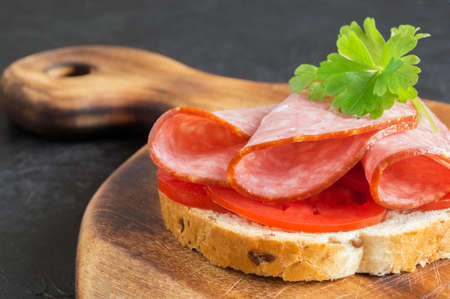 Salami sandwich. Open sandwich with salami slices on whole grain bread.の写真素材