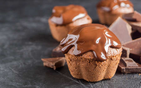 homemade chocolate cupcake. sweet delicious dessert on a dark background.の写真素材