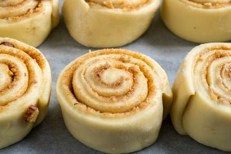Cinnabon. homemade cinnamon rolls. raw rolls on a baking sheetの写真素材