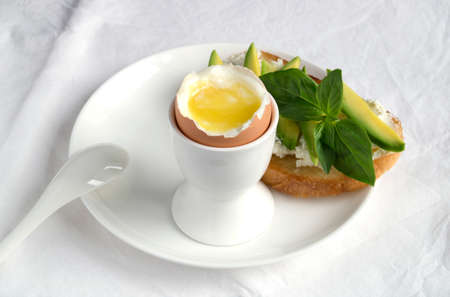 Soft-boiled egg for Breakfast. in a white egg rack.の写真素材