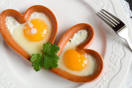 valentine's day breakfast. sausage with scrambled egg in the shape of a heart.の写真素材
