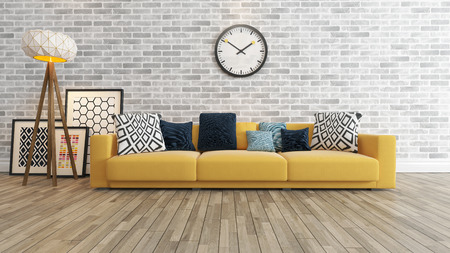 living room or saloon interior design with big wall yellow seat or sofa and picture frames watch 3d renderingの写真素材