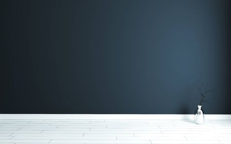 Empty room with Modern dark blue wall, metalic vase, dry black plant and white wooden floor 3d renderingの写真素材