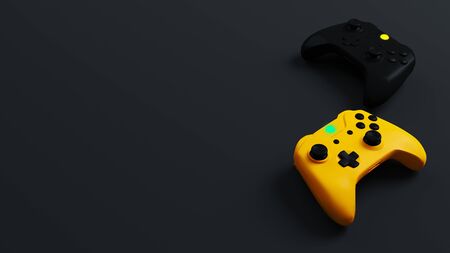 Game competition. Yellow and black joystick with black background 3D renderingの写真素材
