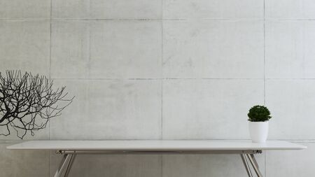 Work space stand mock up with table and plant front view concrete wall realistic 3D renderingの写真素材