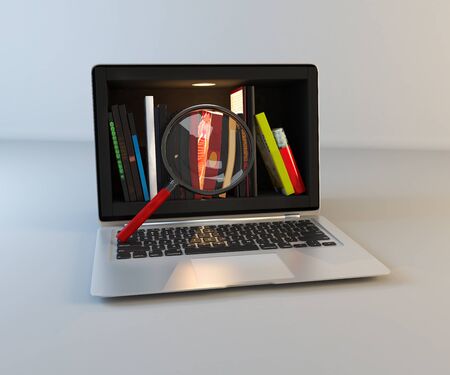 Library in laptop screen, online education and search realistic 3D renderingの写真素材