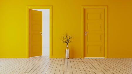 yellow wall with yellow opened door and closed door, white wooden floor, chrome vase and dry plant realistic 3D renderingの写真素材