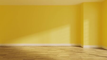 painted yellow wall in empty room with wooden parquet floor and sunlight from window on the wall realistic 3D renderingの写真素材