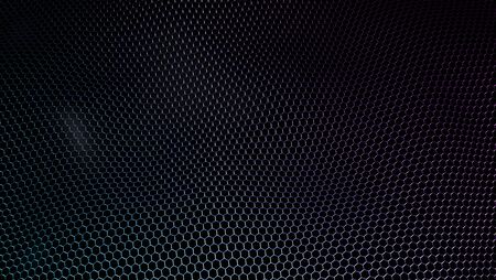 Abstract futuristic wavy surface hexagon pattern with back blue and purple gradient light effect realistic 3D Renderingの写真素材