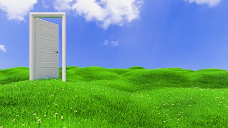 open white wooden door on green flowery hills realistic background 3D renderingの写真素材