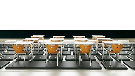 online education, classroom with modern chair and desk on computer keyboard realistic 3D renderingの写真素材