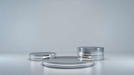 Chrome cylinder platform abstract background with neon light shiny metallic podium. Realistic...