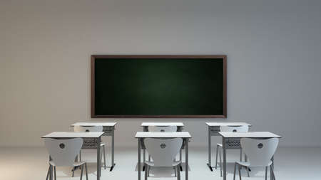 empty modern classroom concept with white desk, chair and green blackboard background 3D renderingの写真素材