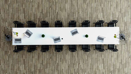Modern meeting room top view with desk and chairs concept 3D rendering