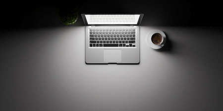 Top view of laptop concept with white desk under spot light and coffee cup concept background 3D...