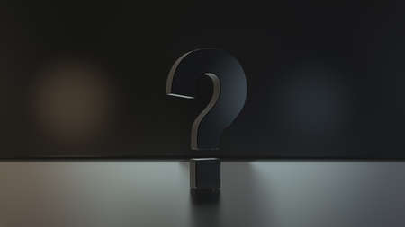 Black question marks under spot light concept in dark empty room realistic abstract background 3D renderingの写真素材