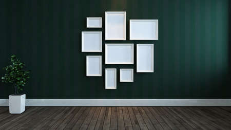 White photos frames with Lined green wallpaper wall, wooden floor and plant concept 3d rendering
