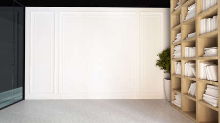Bookcase in office or home office concept with decorative white wall 3D renderingの写真素材