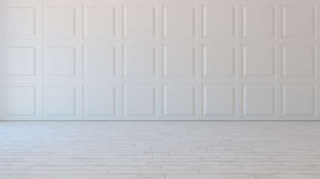 White square decorative wall panels with wooden parquet empty room concept 3d illustration