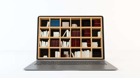 Library on computer screen concept with clean white background 3d rendering
