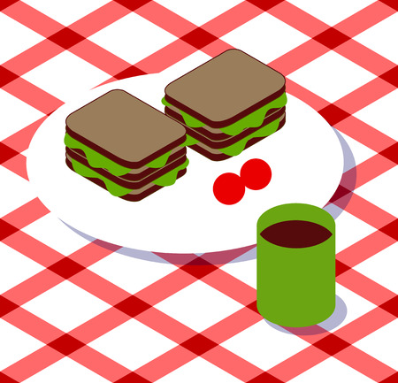 candwiches on the checkered tablecloth. Picnic elementsのイラスト素材