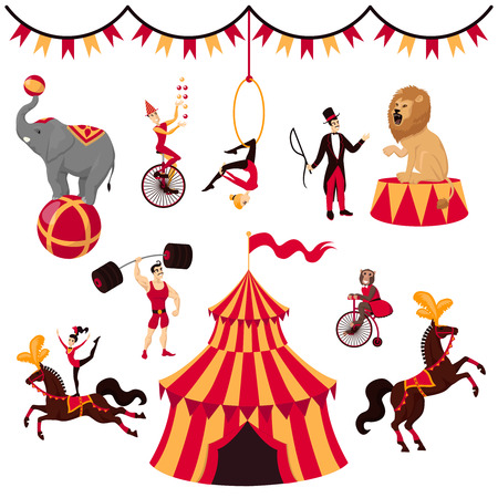 Circus elements set: tent, monket on bike, air gymnastics, gymnast on horse, elephant on ball, lion with tamer, strongman, jugger and circus horseのイラスト素材