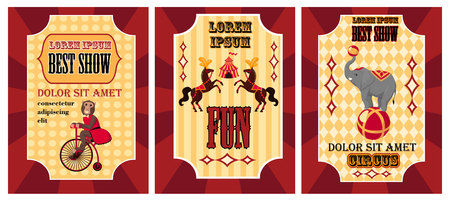 Funny circus poster set. Poster with monkey on bicycle Best show, Poster with two horses and poster with elephant on ball Circus posters on redのイラスト素材