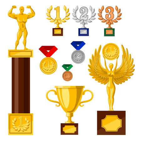 Set of awards, medals cups golden statues,strong man, woman with wingsのイラスト素材