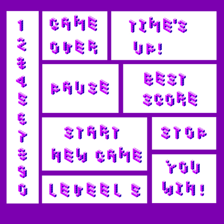 Vector retro game lettering pixel isometric voxel purple on white strart new game pause stop level you win time's up best, score,のイラスト素材